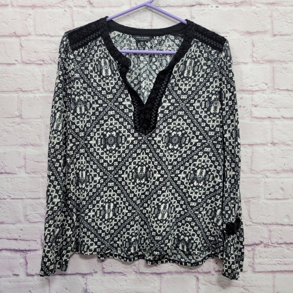 Lucky Brand Boho Geometric Medallion Blouse M Bell Sleeve Hippie Cottagecore - Picture 1 of 9
